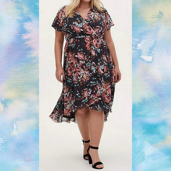 Torrid Faux-Wrap Dress, Swiss Dot Floral Dot - Picture 2 of 7